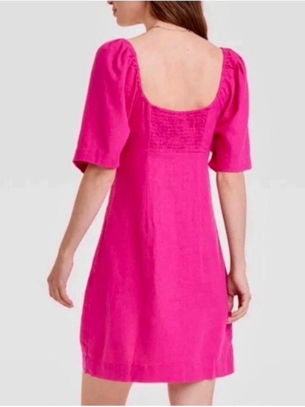 A New Day Puff Sleeve Linen Blend Dress Dark Pink Smocked Back Medium - Picture 2 of 7